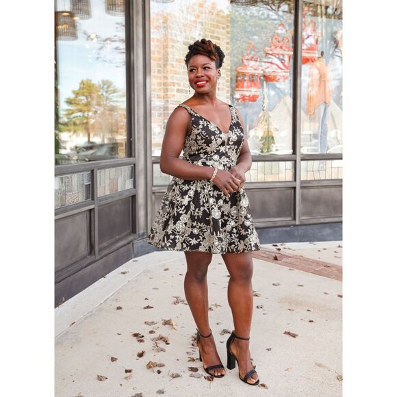 Altar'd State Donella Sequin Mini Dress Black Gold Floral Fit & Flare XS - Picture 3 of 16